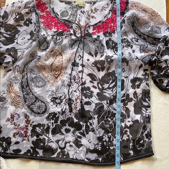 ONE WORLD Boho Peasant Semi Sheer Top Blouse MEDIUM Black White Pink Floral - Picture 7 of 13